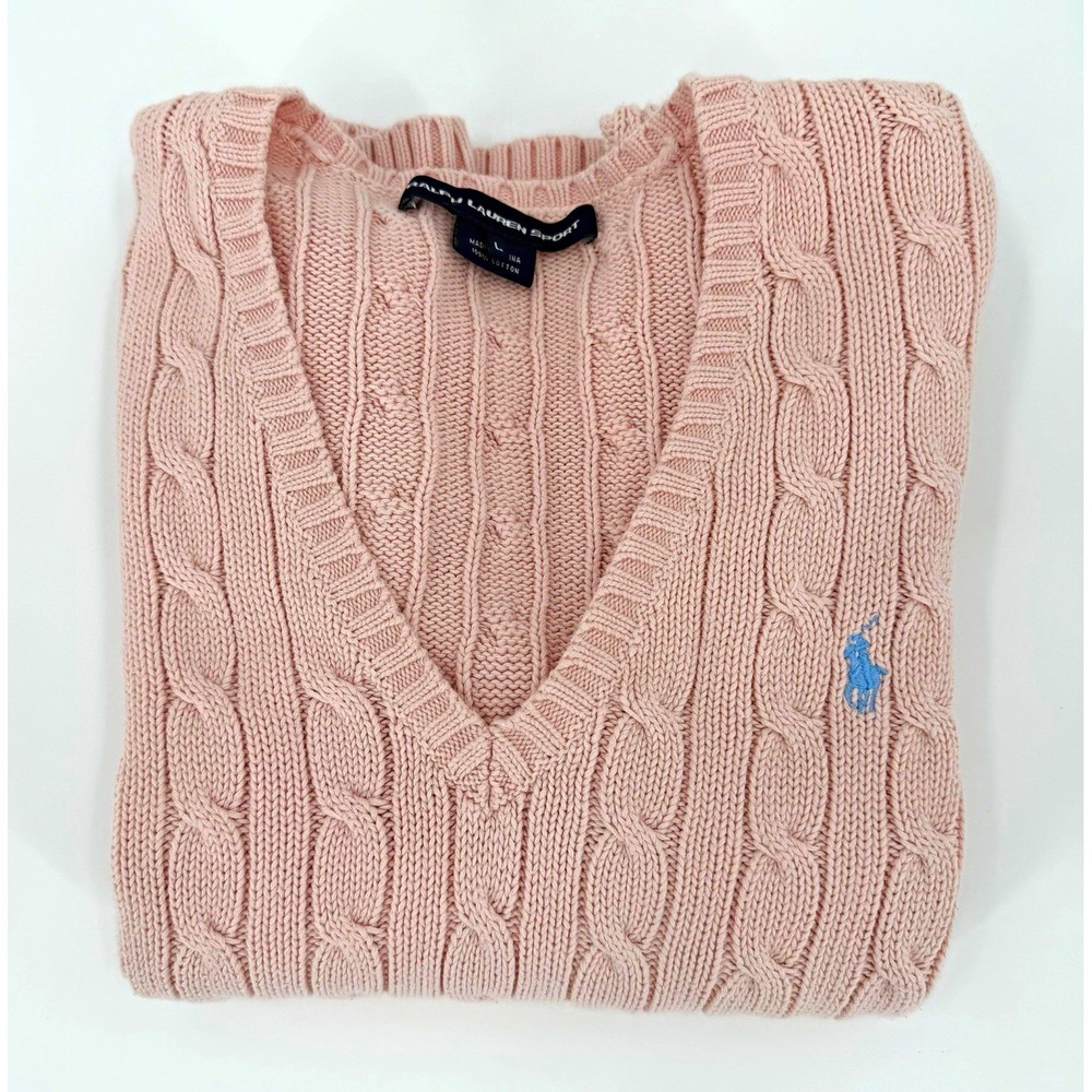 Ralph Lauren Sport Womens Pink Cable Knit V-Neck Cotton Pullover Sweater L